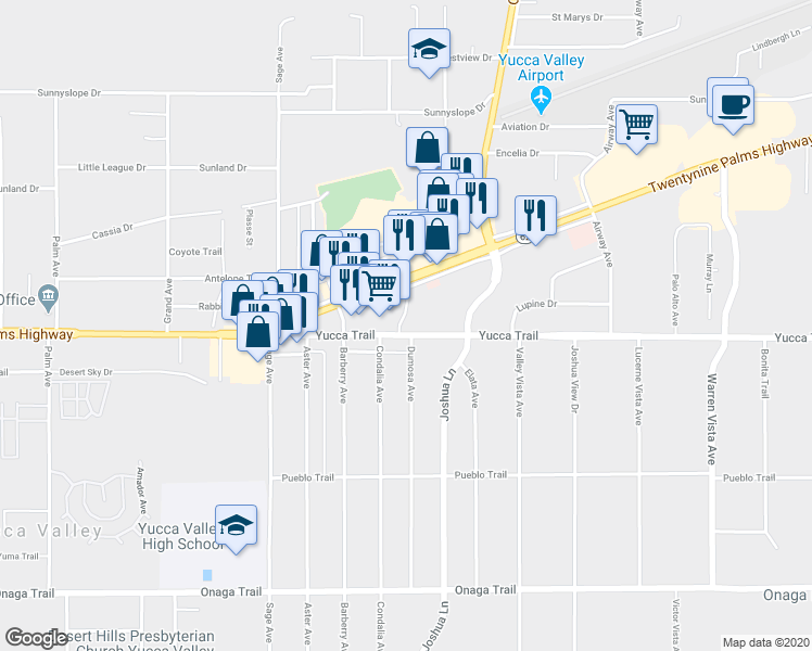 map of restaurants, bars, coffee shops, grocery stores, and more near 7293 Dumosa Avenue in Yucca Valley