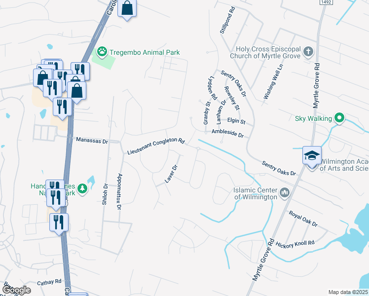 map of restaurants, bars, coffee shops, grocery stores, and more near 1132 Lieutenant Congleton Road in Wilmington