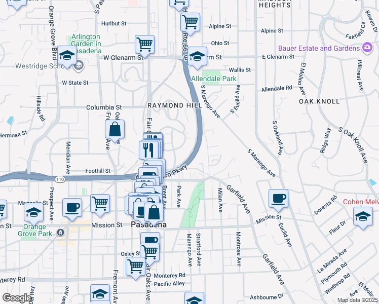 map of restaurants, bars, coffee shops, grocery stores, and more near 1724 State Street in South Pasadena