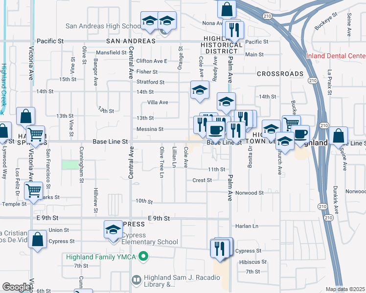 map of restaurants, bars, coffee shops, grocery stores, and more near 7344 Cole Avenue in Highland