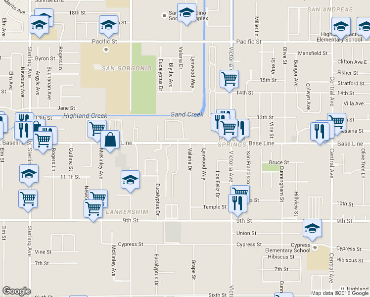 map of restaurants, bars, coffee shops, grocery stores, and more near 7353 Valaria Drive in Highland