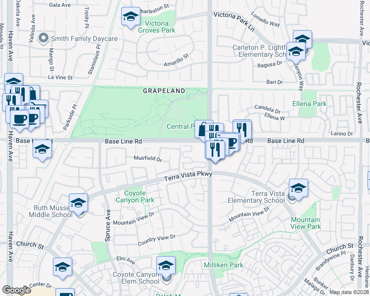map of restaurants, bars, coffee shops, grocery stores, and more near 7367 Belpine Place in Rancho Cucamonga