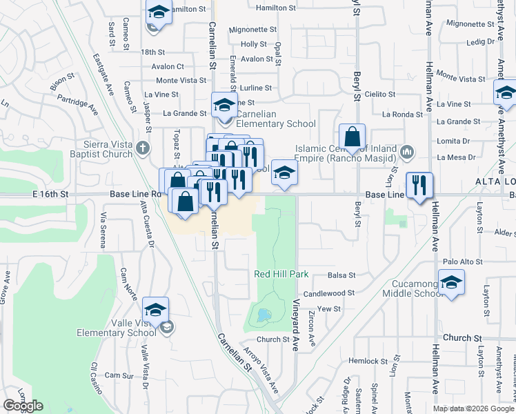 map of restaurants, bars, coffee shops, grocery stores, and more near 8825 Base Line Road in Rancho Cucamonga
