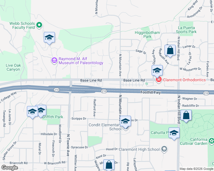 map of restaurants, bars, coffee shops, grocery stores, and more near 872 Huron Drive in Claremont