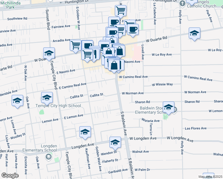 map of restaurants, bars, coffee shops, grocery stores, and more near 725 Callita Street in Arcadia