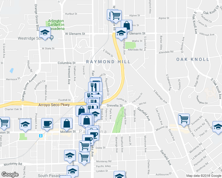 map of restaurants, bars, coffee shops, grocery stores, and more near 410 Raymondale Drive in South Pasadena