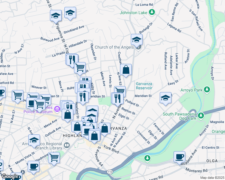 map of restaurants, bars, coffee shops, grocery stores, and more near 409 Lewis Street in Los Angeles