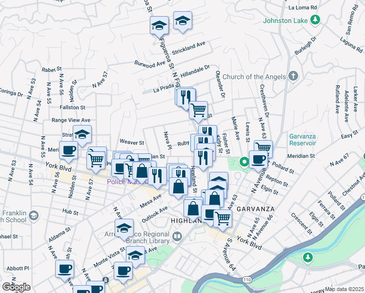 map of restaurants, bars, coffee shops, grocery stores, and more near 6061 1/2 Meridian Street in Los Angeles