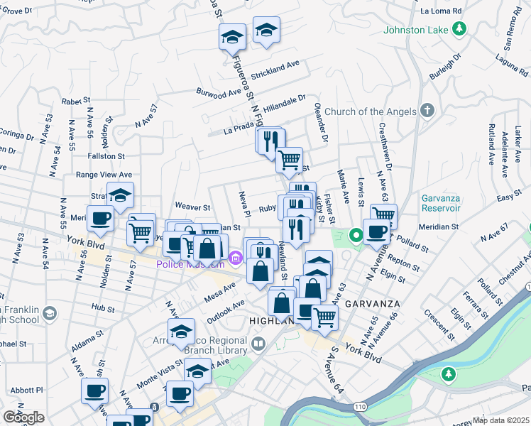 map of restaurants, bars, coffee shops, grocery stores, and more near 6061 1/2 Meridian Street in Los Angeles
