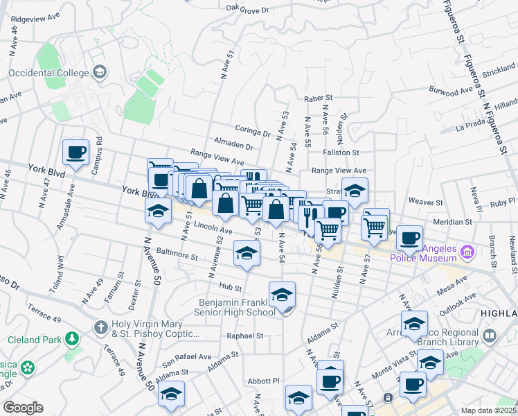 map of restaurants, bars, coffee shops, grocery stores, and more near 5327 York Boulevard in Los Angeles