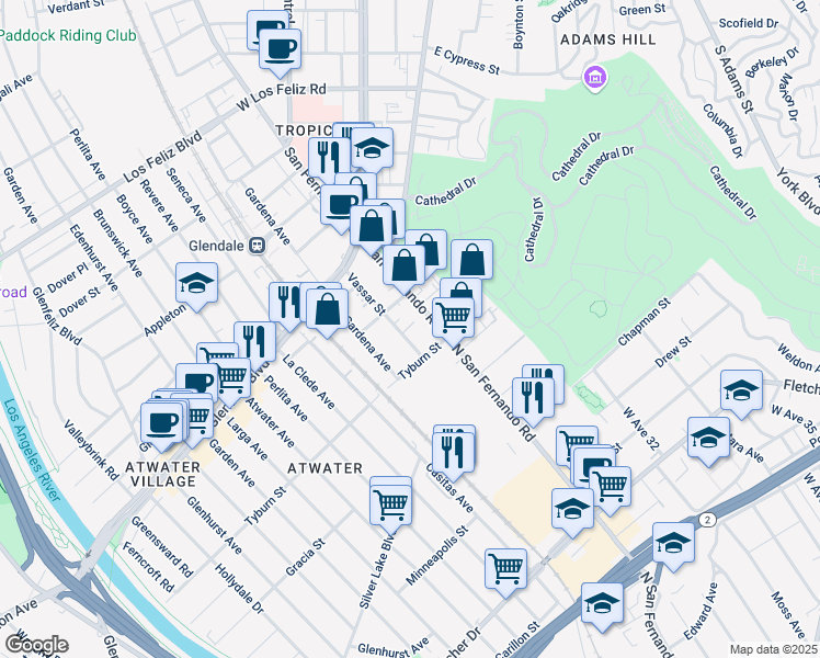 map of restaurants, bars, coffee shops, grocery stores, and more near 1815 Tyburn Street in Glendale