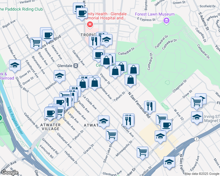 map of restaurants, bars, coffee shops, grocery stores, and more near 1920 Gardena Avenue in Glendale
