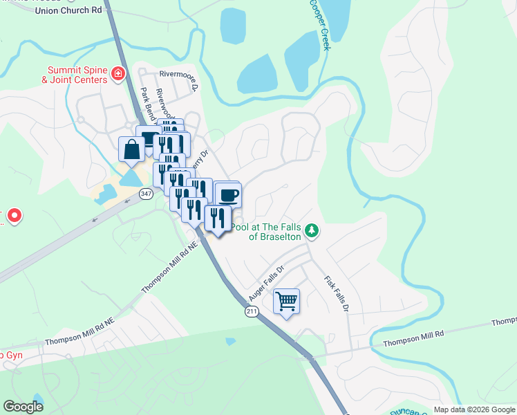 map of restaurants, bars, coffee shops, grocery stores, and more near 6395 Mossy Oak Landing in Braselton