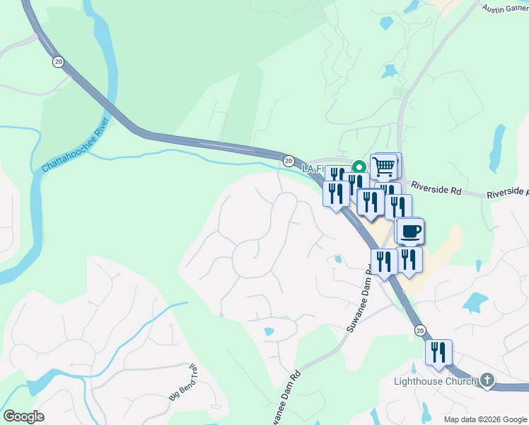 map of restaurants, bars, coffee shops, grocery stores, and more near 6442 Mountain Ridge Circle in Sugar Hill