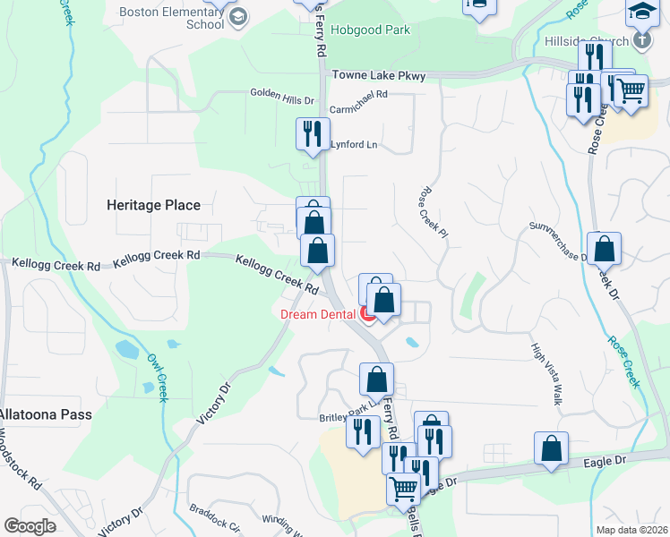 map of restaurants, bars, coffee shops, grocery stores, and more near 138 Southfork Drive in Woodstock