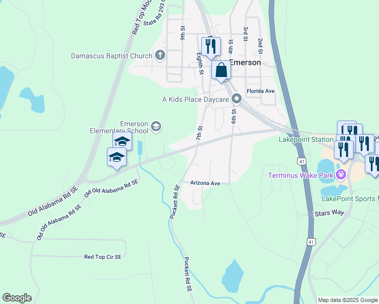 map of restaurants, bars, coffee shops, grocery stores, and more near 129 Old Alabama Road Southeast in Emerson