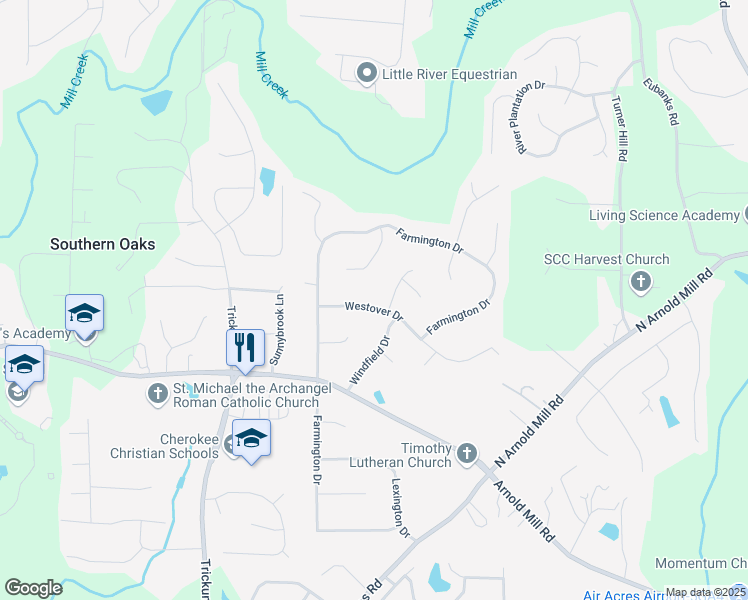 map of restaurants, bars, coffee shops, grocery stores, and more near 313 Westover Drive in Woodstock