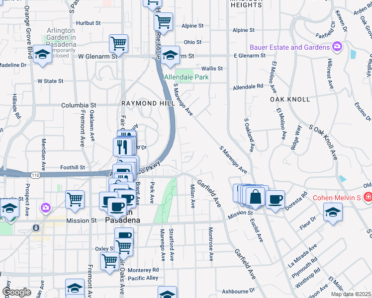 map of restaurants, bars, coffee shops, grocery stores, and more near 1810 Hardison Place in South Pasadena