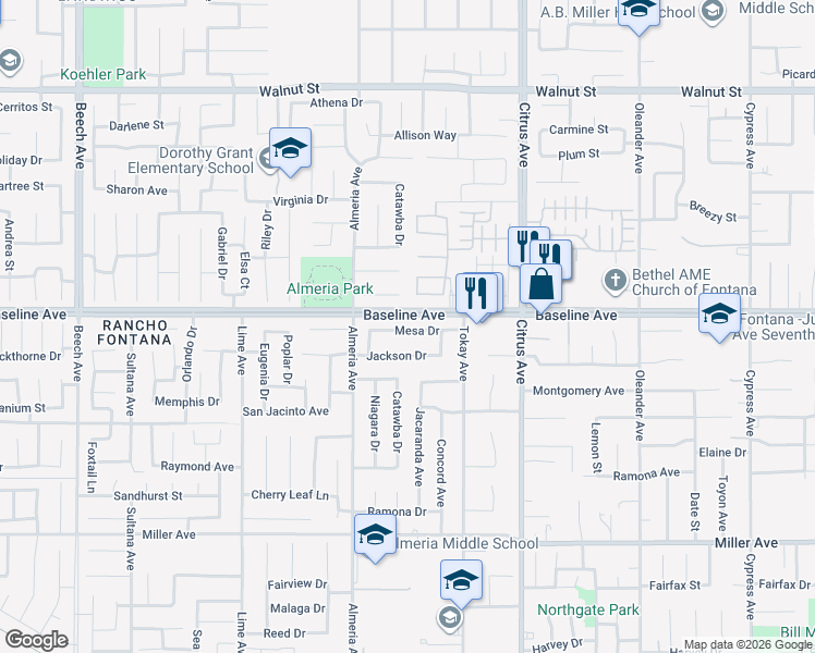 map of restaurants, bars, coffee shops, grocery stores, and more near 15935 Mesa Drive in Fontana