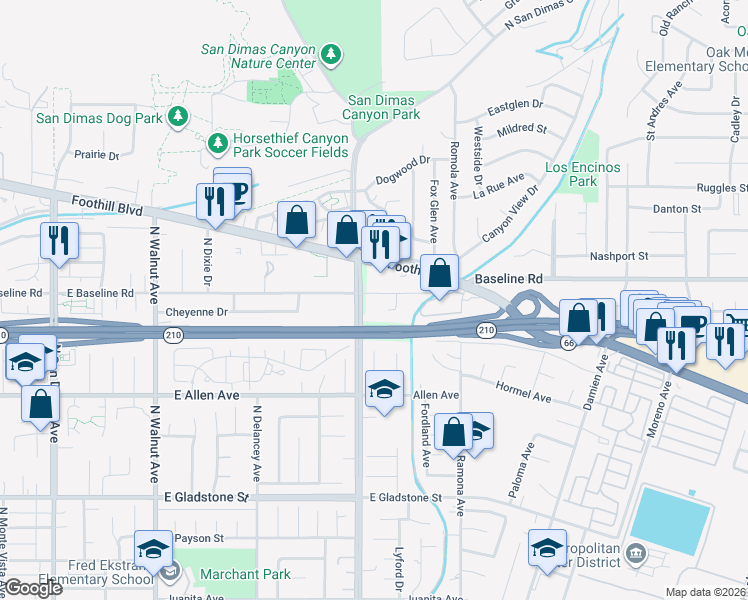 map of restaurants, bars, coffee shops, grocery stores, and more near 1040 North San Dimas Canyon Road in San Dimas
