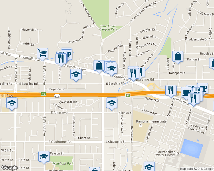 map of restaurants, bars, coffee shops, grocery stores, and more near 714 East Baseline Road in San Dimas