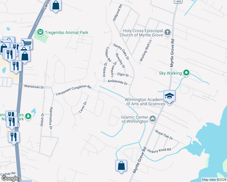map of restaurants, bars, coffee shops, grocery stores, and more near 1370-1498 Lieutenant Congleton Road in Wilmington