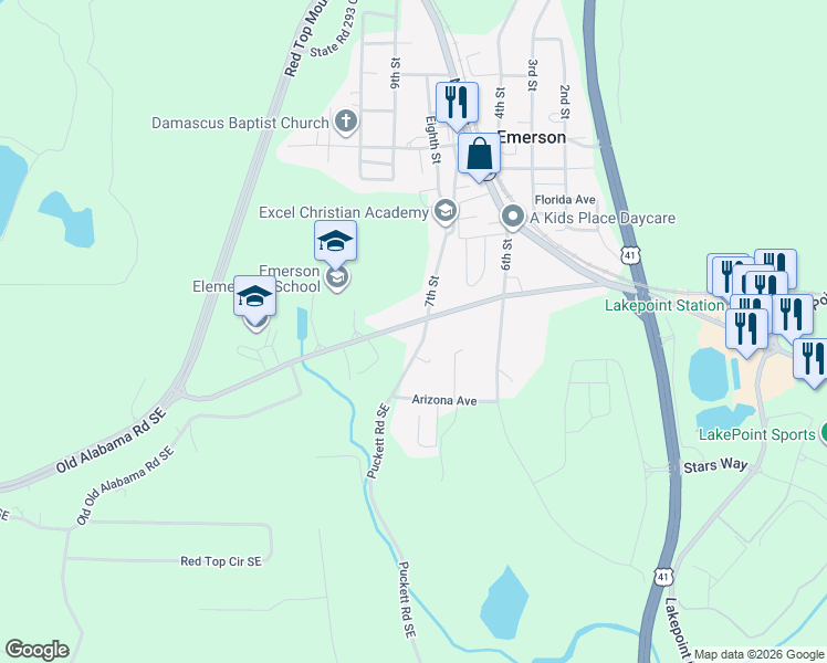 map of restaurants, bars, coffee shops, grocery stores, and more near 32 Puckett Road Southeast in Emerson