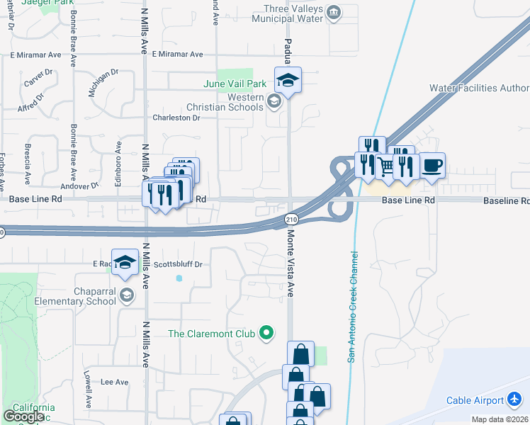 map of restaurants, bars, coffee shops, grocery stores, and more near 908 Grove Court in Claremont