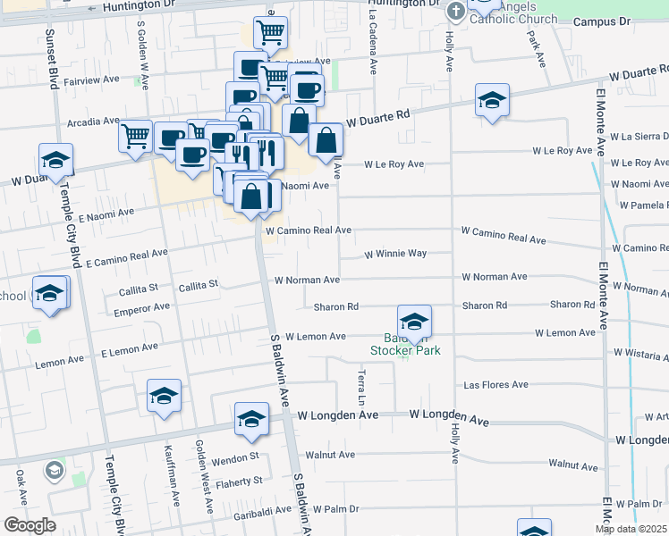 map of restaurants, bars, coffee shops, grocery stores, and more near 1611 Lovell Avenue in Arcadia