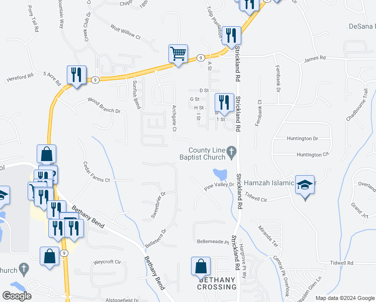 map of restaurants, bars, coffee shops, grocery stores, and more near 3679 Archgate Court in Alpharetta