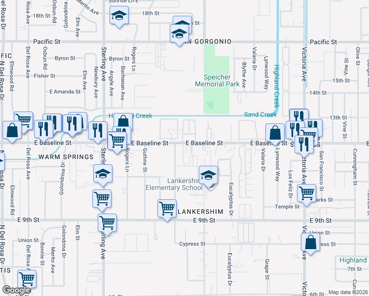 map of restaurants, bars, coffee shops, grocery stores, and more near 26035 East Baseline Street in San Bernardino
