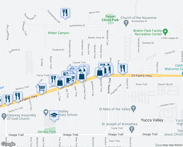 map of restaurants, bars, coffee shops, grocery stores, and more near 55970 Yucca Trail in Yucca Valley