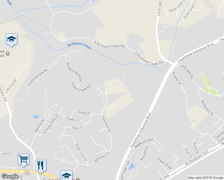 map of restaurants, bars, coffee shops, grocery stores, and more near 1587 Shire Village Drive in Buford