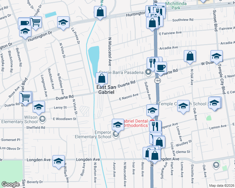 map of restaurants, bars, coffee shops, grocery stores, and more near 8732 Duarte Road in San Gabriel