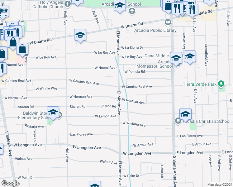 map of restaurants, bars, coffee shops, grocery stores, and more near 1615 El Monte Avenue in Arcadia