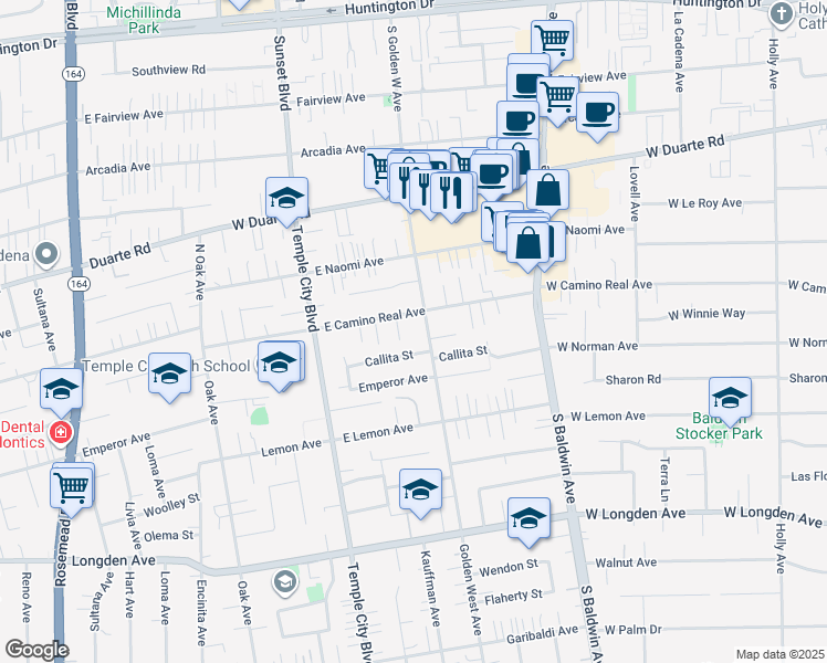 map of restaurants, bars, coffee shops, grocery stores, and more near 9722 East Camino Real Avenue in Arcadia