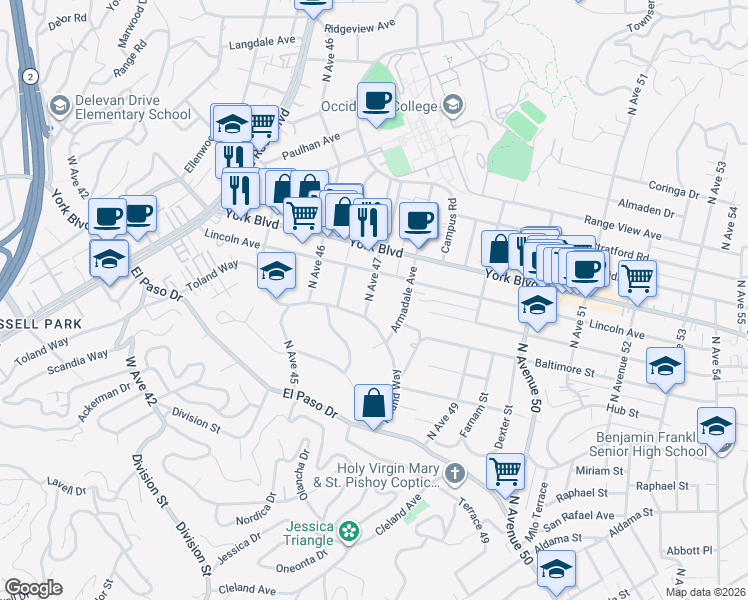 map of restaurants, bars, coffee shops, grocery stores, and more near 1418 North Avenue 47 in Los Angeles