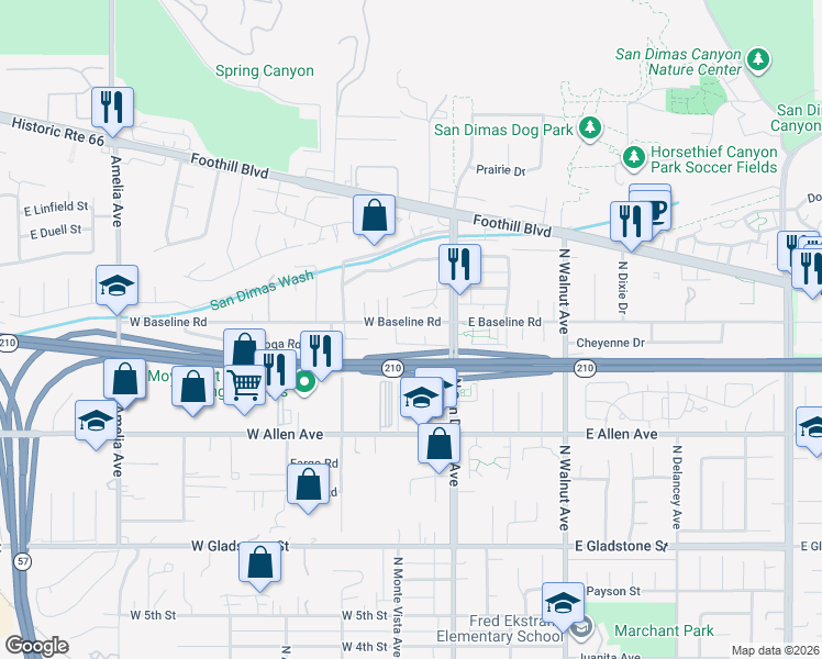 map of restaurants, bars, coffee shops, grocery stores, and more near 144 West Baseline Road in San Dimas