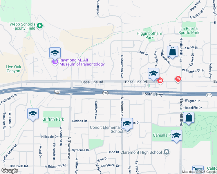 map of restaurants, bars, coffee shops, grocery stores, and more near 872 Huron Drive in Claremont