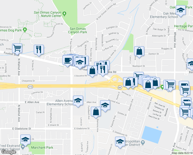 map of restaurants, bars, coffee shops, grocery stores, and more near 4575 Ramona Avenue in La Verne