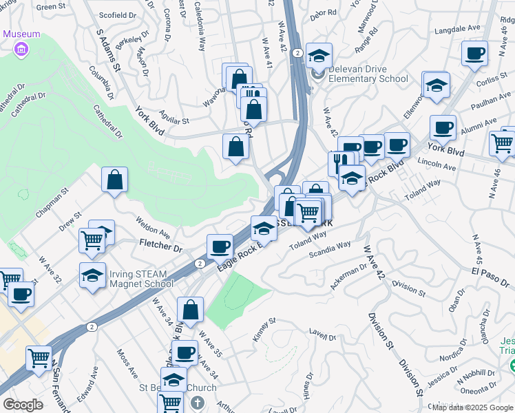 map of restaurants, bars, coffee shops, grocery stores, and more near 3936 Roderick Road in Los Angeles