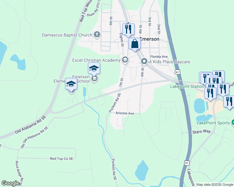 map of restaurants, bars, coffee shops, grocery stores, and more near 32 Puckett Road Southeast in Emerson