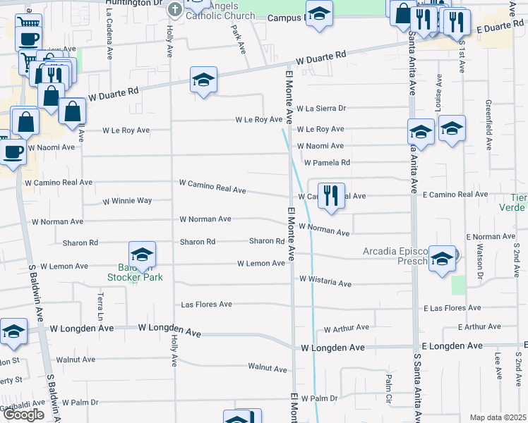 map of restaurants, bars, coffee shops, grocery stores, and more near 239 West Norman Avenue in Arcadia