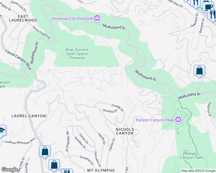 map of restaurants, bars, coffee shops, grocery stores, and more near 7692 Woodrow Wilson Drive in Los Angeles