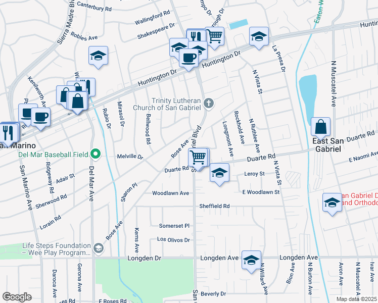 map of restaurants, bars, coffee shops, grocery stores, and more near 1609 South San Gabriel Boulevard in San Marino
