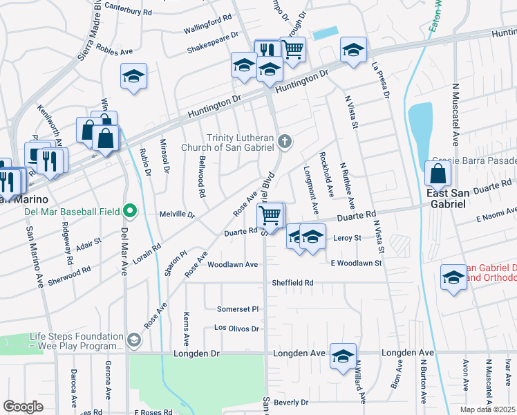 map of restaurants, bars, coffee shops, grocery stores, and more near 1609 South San Gabriel Boulevard in San Marino