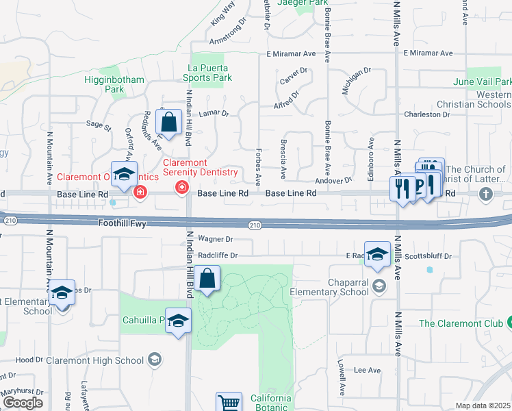 map of restaurants, bars, coffee shops, grocery stores, and more near 221 Wiley Court in Claremont