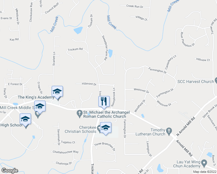 map of restaurants, bars, coffee shops, grocery stores, and more near 115 Sunnybrook Lane in Woodstock