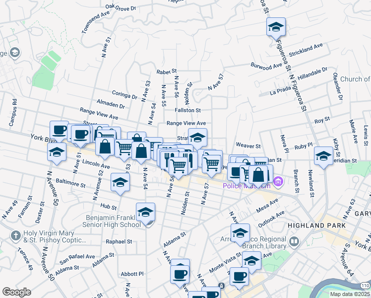 map of restaurants, bars, coffee shops, grocery stores, and more near 5624 Meridian Street in Los Angeles