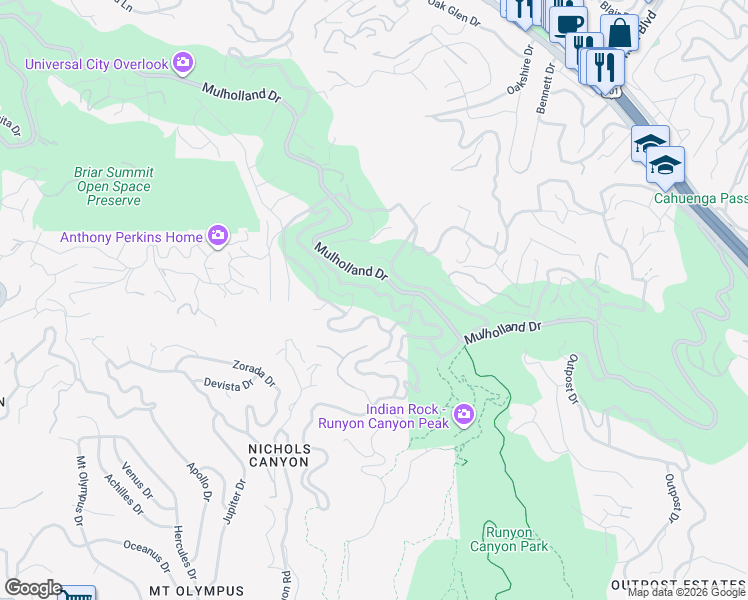 map of restaurants, bars, coffee shops, grocery stores, and more near 2745 La Cuesta Drive in Los Angeles